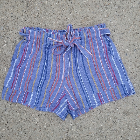 Derek Heart Blue Multi-Striped Paper Bag Shorts - Size L (Excellent Condition) - Picture 1 of 5
